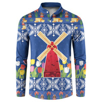 Blue Christmas button sweatshirt with windmill, tulip flowers, and village icons
