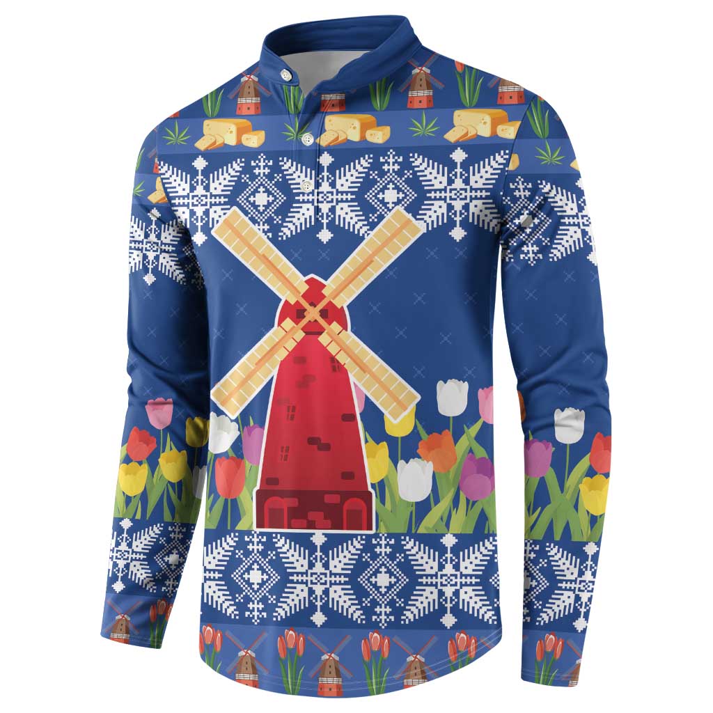 Blue Christmas button sweatshirt with windmill, tulips, and snowflake pattern trim