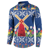 Blue Christmas button sweatshirt with windmill, tulips, and snowflake pattern trim