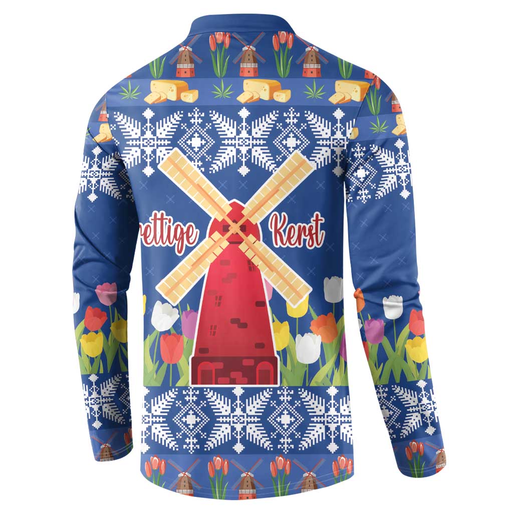 Blue Christmas button sweatshirt back with windmill, tulips, and "Prettige Kerst" text