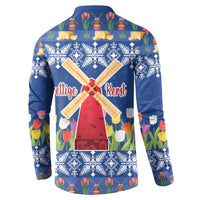 Blue Christmas button sweatshirt back with windmill, tulips, and "Prettige Kerst" text