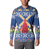 Blue Christmas button sweatshirt with buttoned collar, windmill and tulip bouquet print