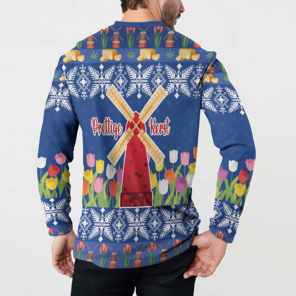 Blue Christmas button sweatshirt back with hood, windmill, tulips, and "Prettige Kerst"
