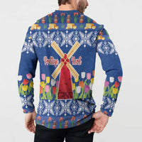 Blue Christmas button sweatshirt back with hood, windmill, tulips, and "Prettige Kerst"