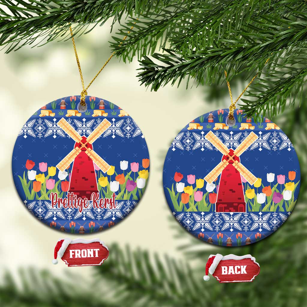 Blue ceramic Christmas ornament, windmill and tulip flowers on circular disc