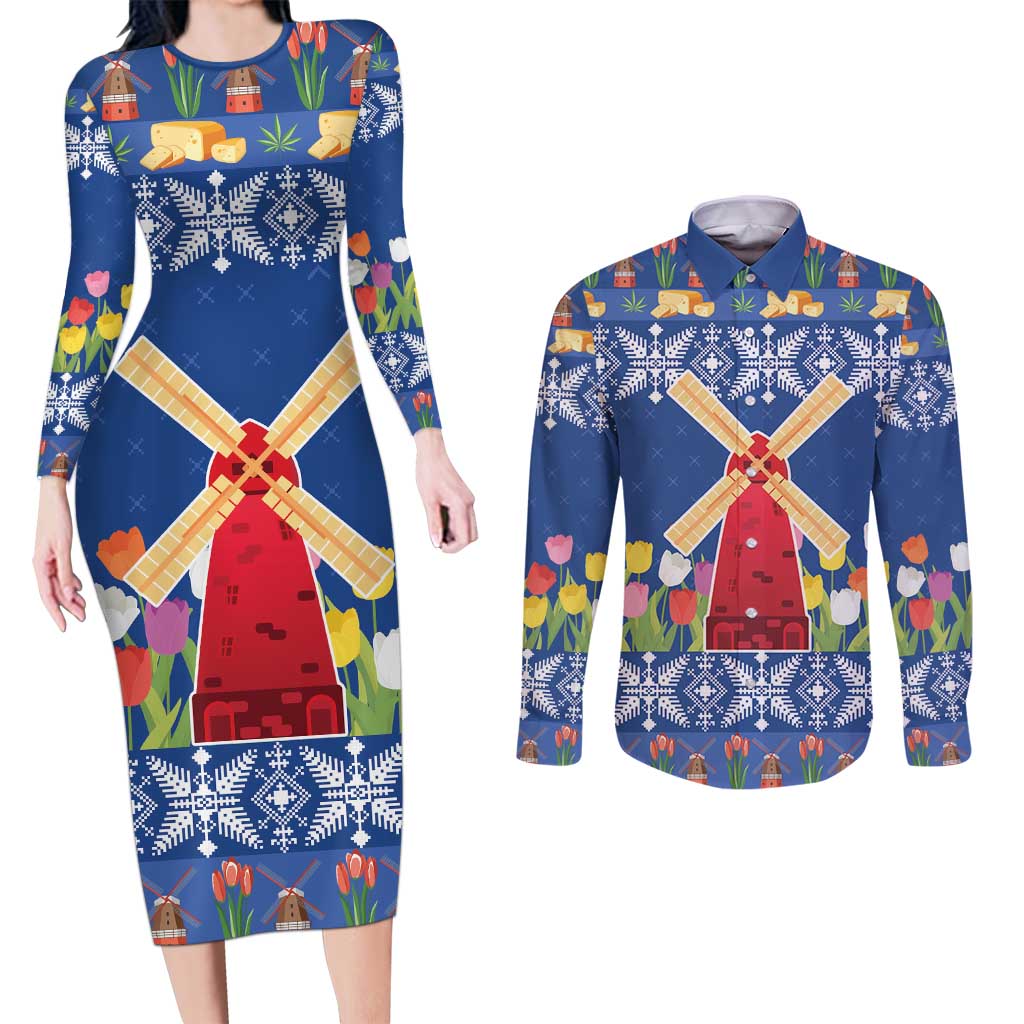 Netherlands Christmas Couples Matching Long Sleeve Bodycon Dress and Long Sleeve Button Shirt Windmills With Tulip Flowers - Wonder Print Shop