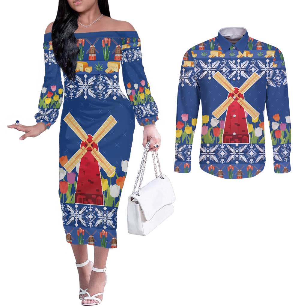 Netherlands Christmas Couples Matching Off The Shoulder Long Sleeve Dress and Long Sleeve Button Shirt Windmills With Tulip Flowers