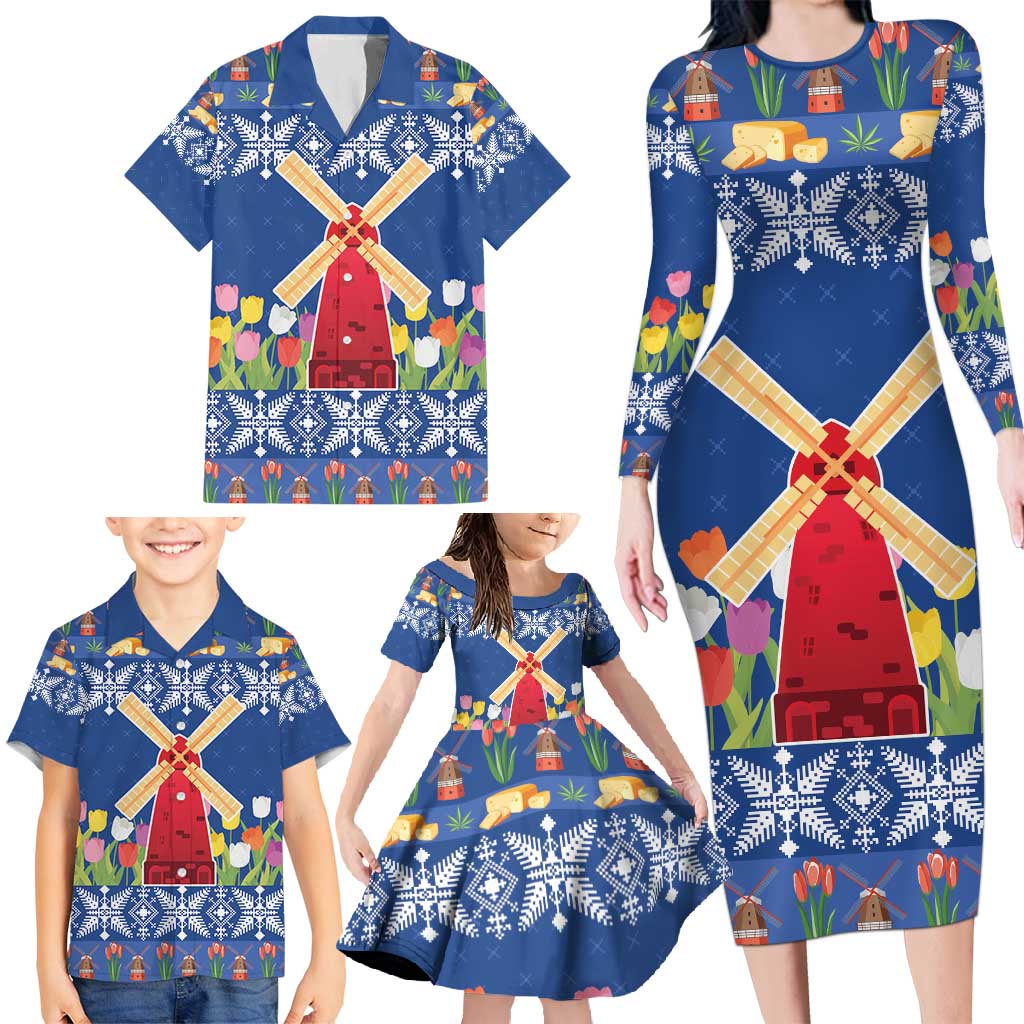 Netherlands Christmas Family Matching Long Sleeve Bodycon Dress and Hawaiian Shirt Windmills With Tulip Flowers - Wonder Print Shop