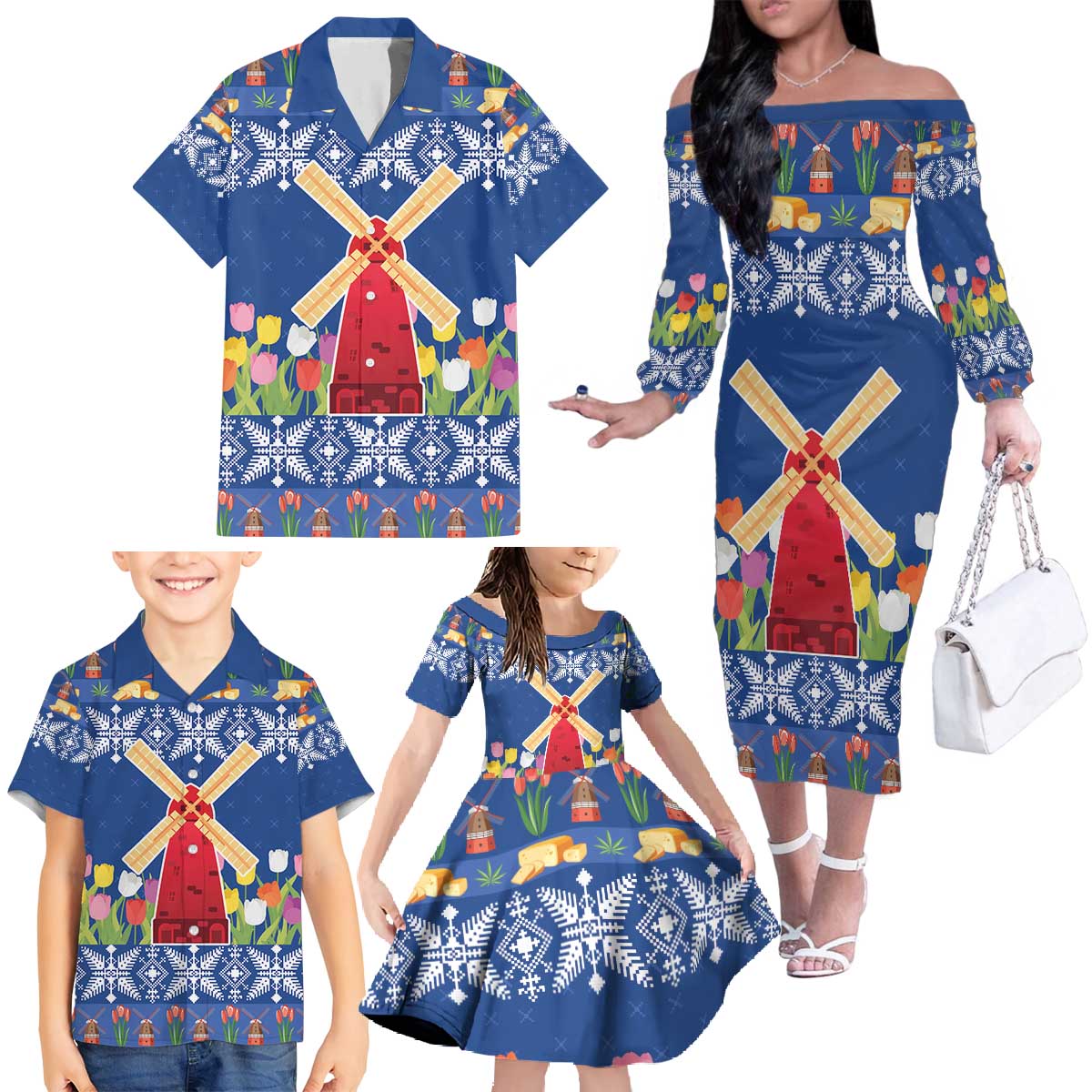 Netherlands Christmas Family Matching Off The Shoulder Long Sleeve Dress and Hawaiian Shirt Windmills With Tulip Flowers - Wonder Print Shop