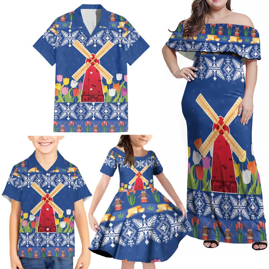 Netherlands Christmas Family Matching Off Shoulder Maxi Dress and Hawaiian Shirt Windmills With Tulip Flowers - Wonder Print Shop