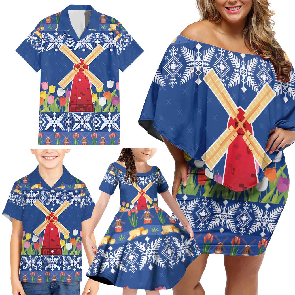 Netherlands Christmas Family Matching Off Shoulder Short Dress and Hawaiian Shirt Windmills With Tulip Flowers - Wonder Print Shop