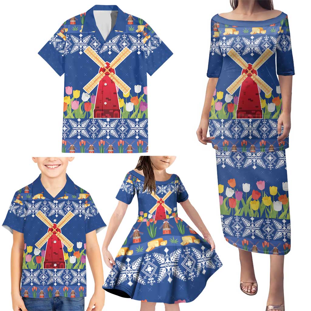 Netherlands Christmas Family Matching Puletasi and Hawaiian Shirt Windmills With Tulip Flowers - Wonder Print Shop