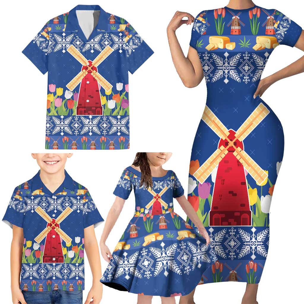 Netherlands Christmas Family Matching Short Sleeve Bodycon Dress and Hawaiian Shirt Windmills With Tulip Flowers - Wonder Print Shop