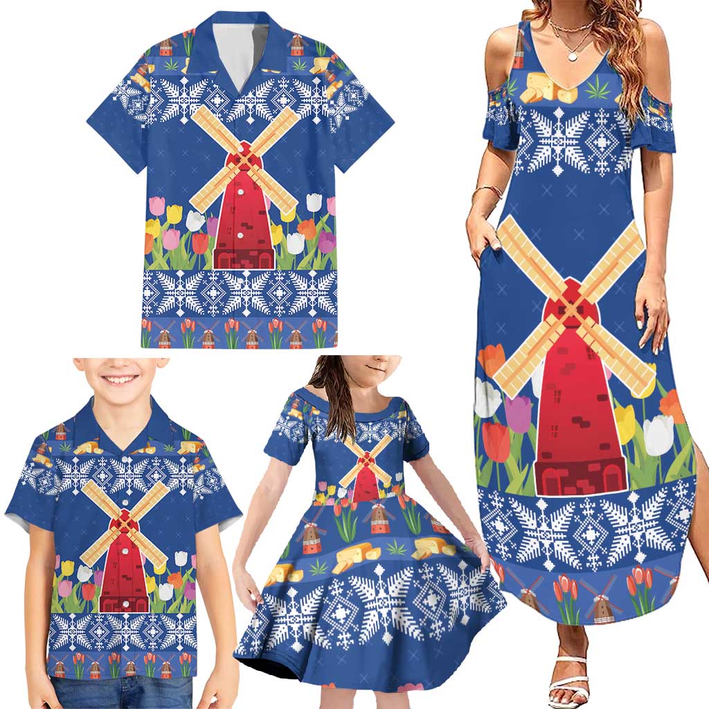 Netherlands Christmas Family Matching Summer Maxi Dress and Hawaiian Shirt Windmills With Tulip Flowers - Wonder Print Shop