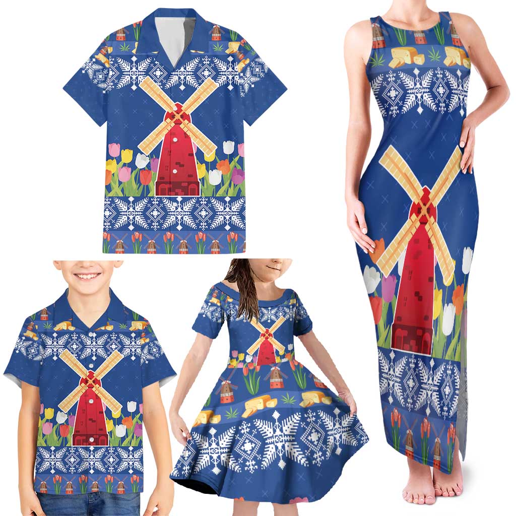 Netherlands Christmas Family Matching Tank Maxi Dress and Hawaiian Shirt Windmills With Tulip Flowers - Wonder Print Shop