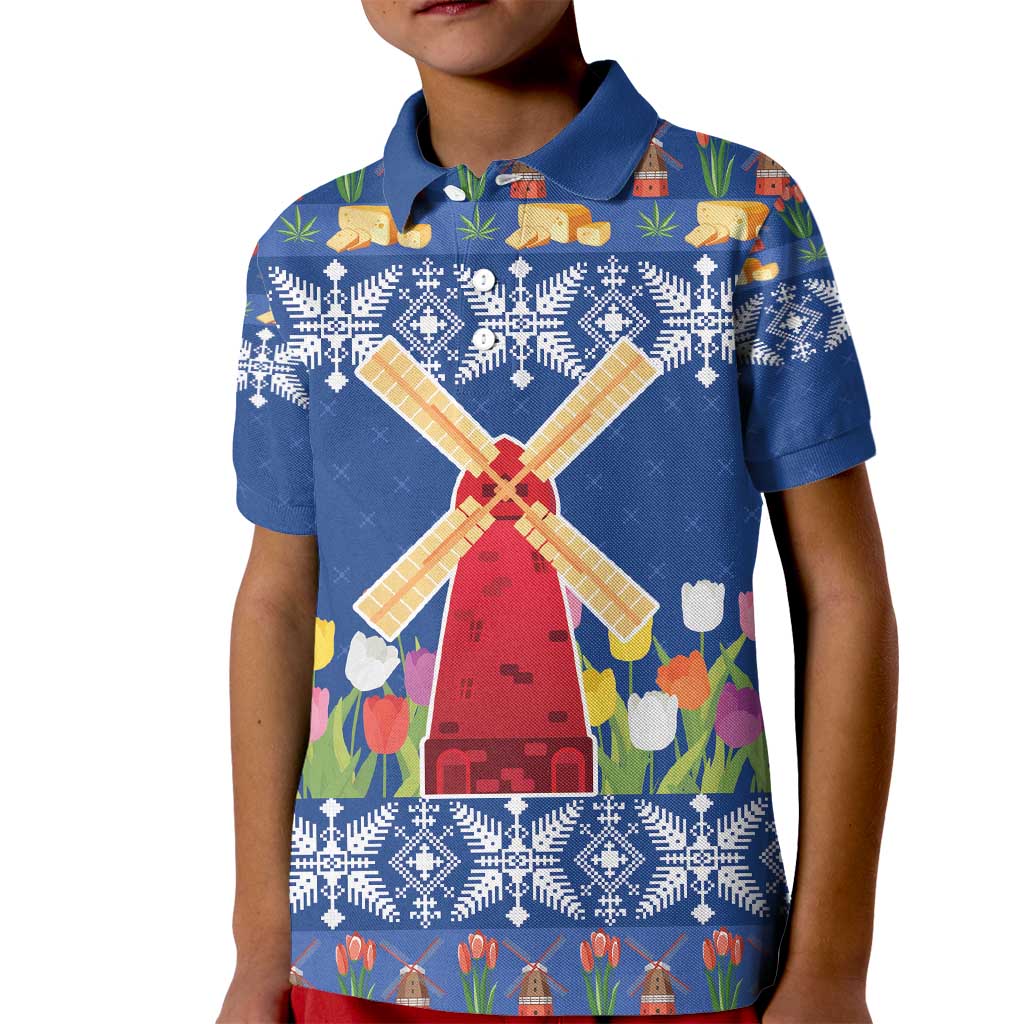 Netherlands Christmas Kid Polo Shirt Windmills With Tulip Flowers - Wonder Print Shop