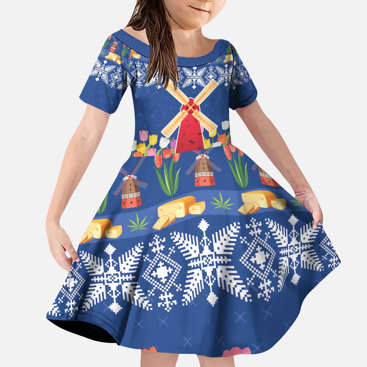 Netherlands Christmas Kid Short Sleeve Dress Windmills With Tulip Flowers - Wonder Print Shop