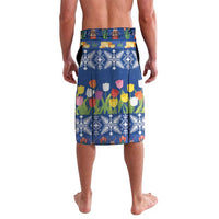 Blue tulip and windmill print lava-lava shorts, full back with decorative border