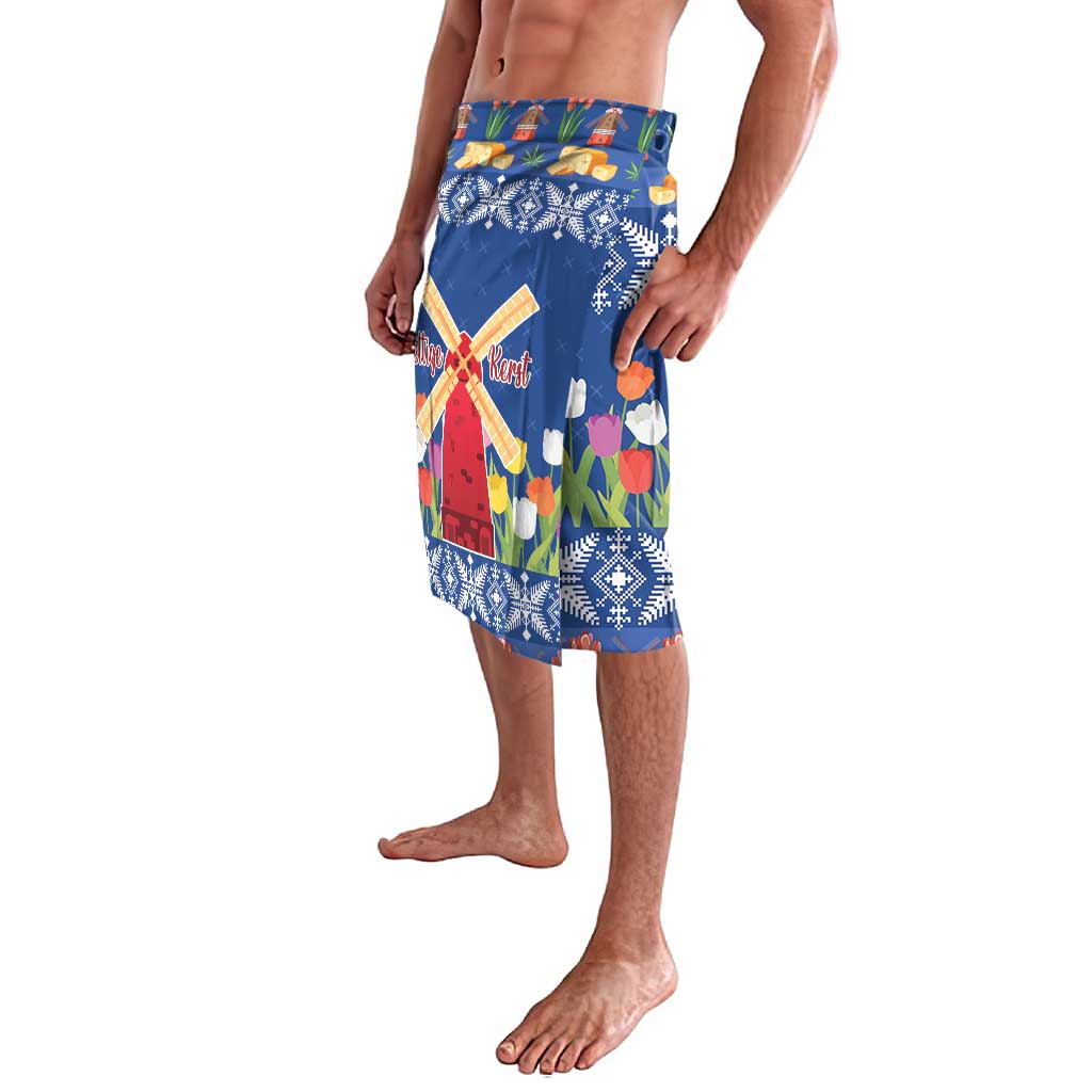Blue tulip and windmill print lava-lava shorts, side view with multicolor tulip scene