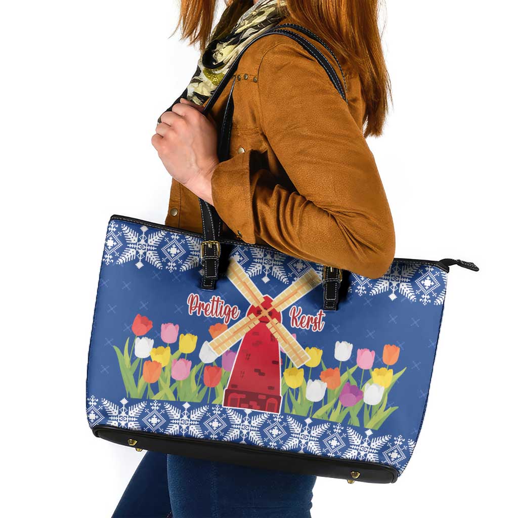 Netherlands Christmas Leather Tote Bag Windmills With Tulip Flowers - Wonder Print Shop