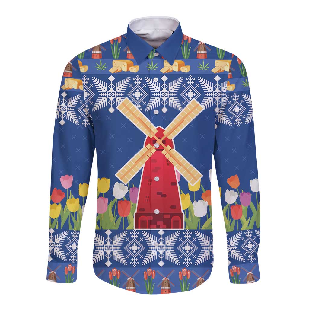 Blue long-sleeve button shirt with windmill and tulip floral print