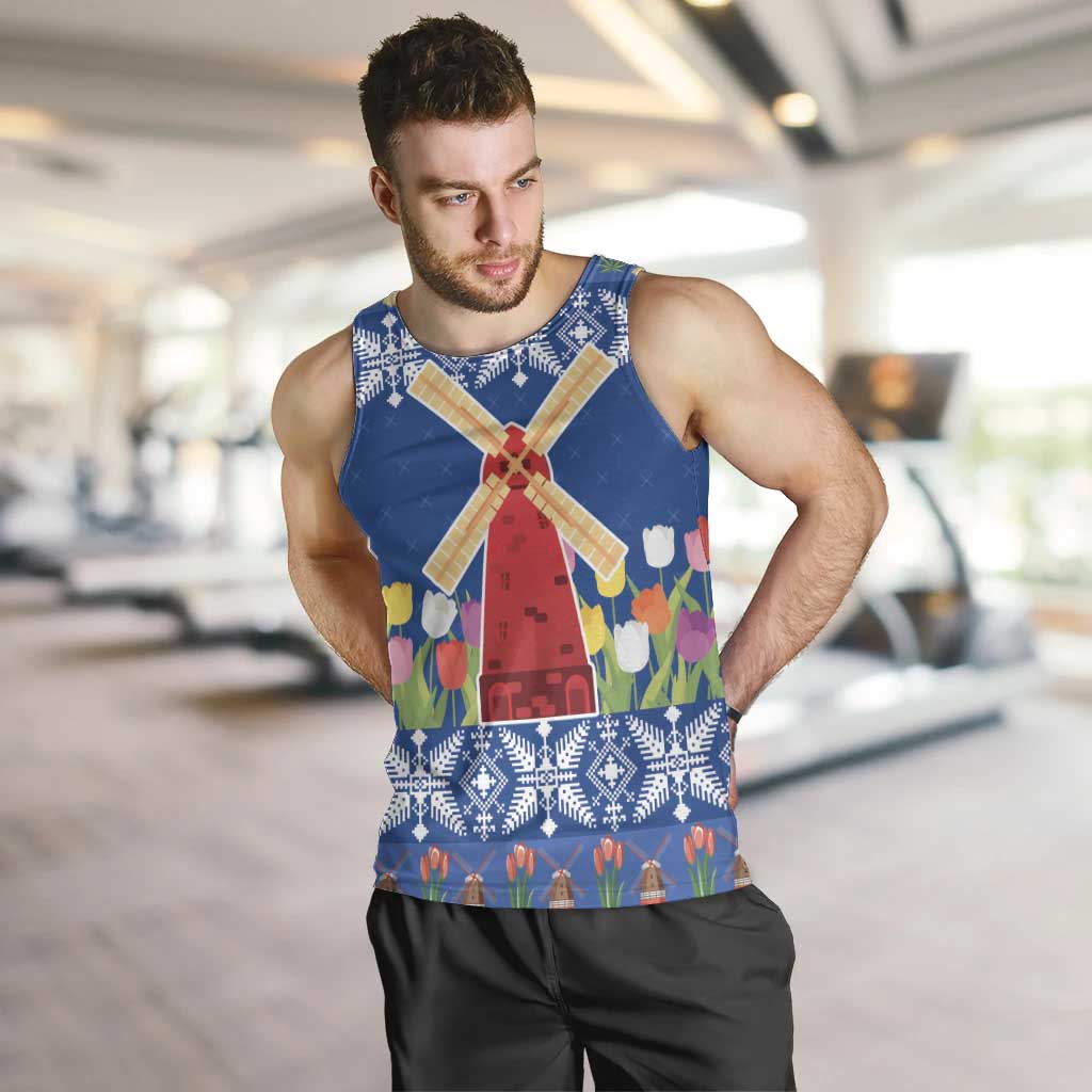 Netherlands Christmas Men Tank Top Windmills With Tulip Flowers - Wonder Print Shop