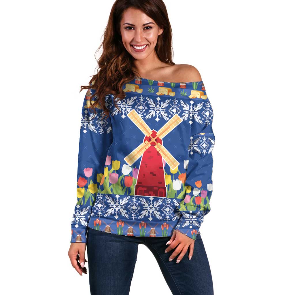 Netherlands Christmas Off Shoulder Sweater Windmills With Tulip Flowers - Wonder Print Shop