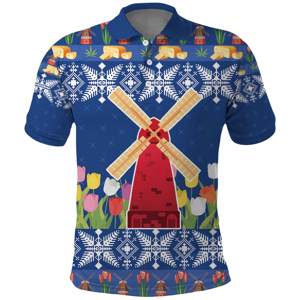 Netherlands Christmas Polo Shirt Windmills With Tulip Flowers