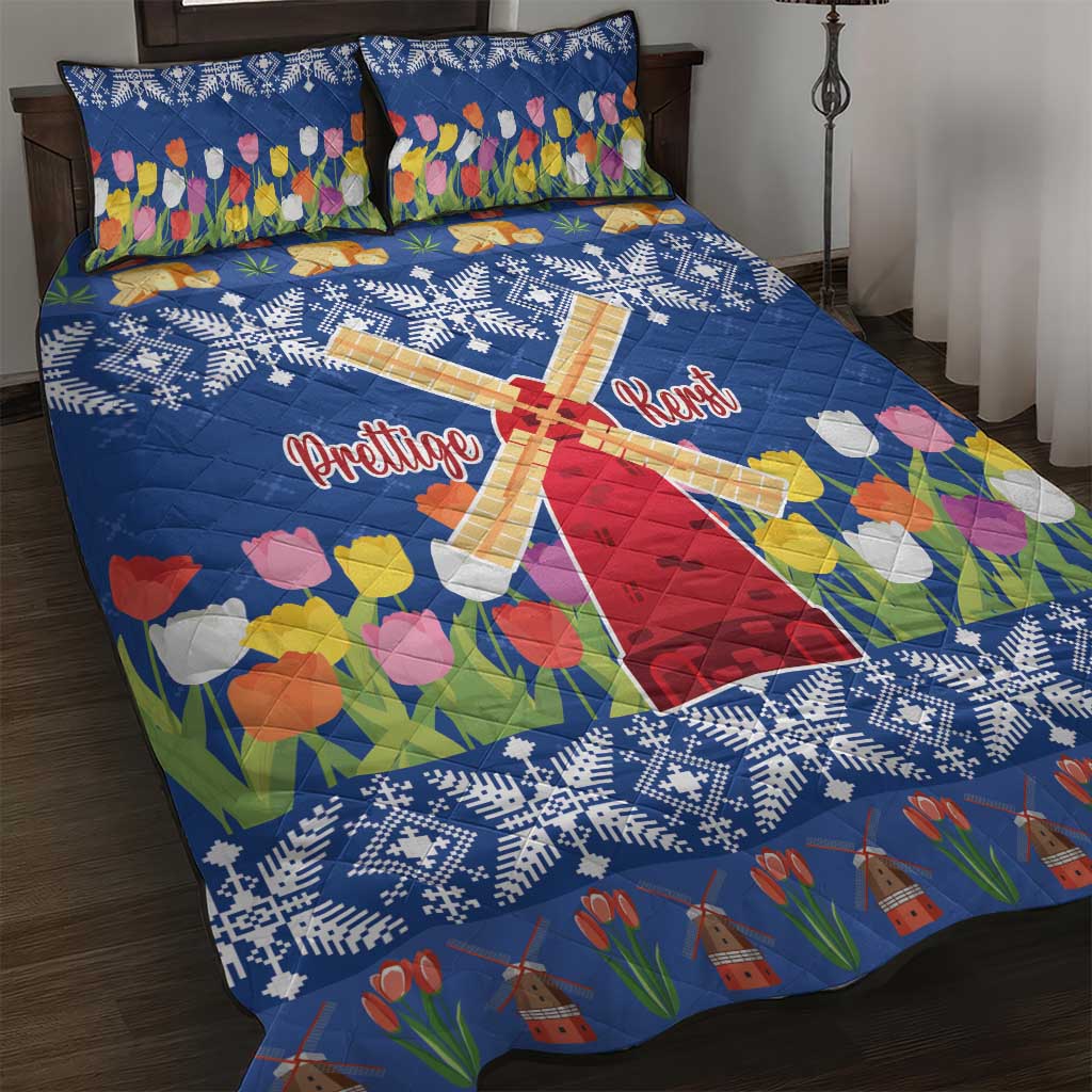 Netherlands Christmas Quilt Bed Set Windmills With Tulip Flowers