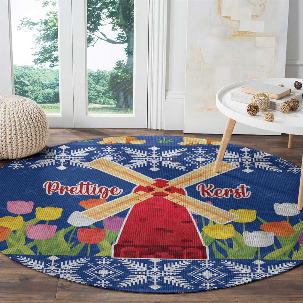 Blue round Christmas rug with windmill, tulip flowers and snowflake border, “Prettige Kerst”