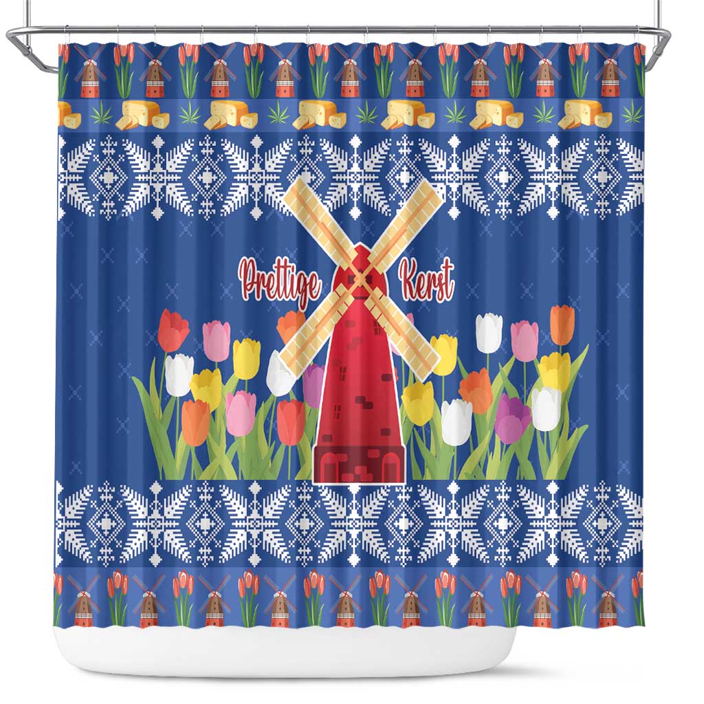 Netherlands Christmas Shower Curtain Windmills With Tulip Flowers