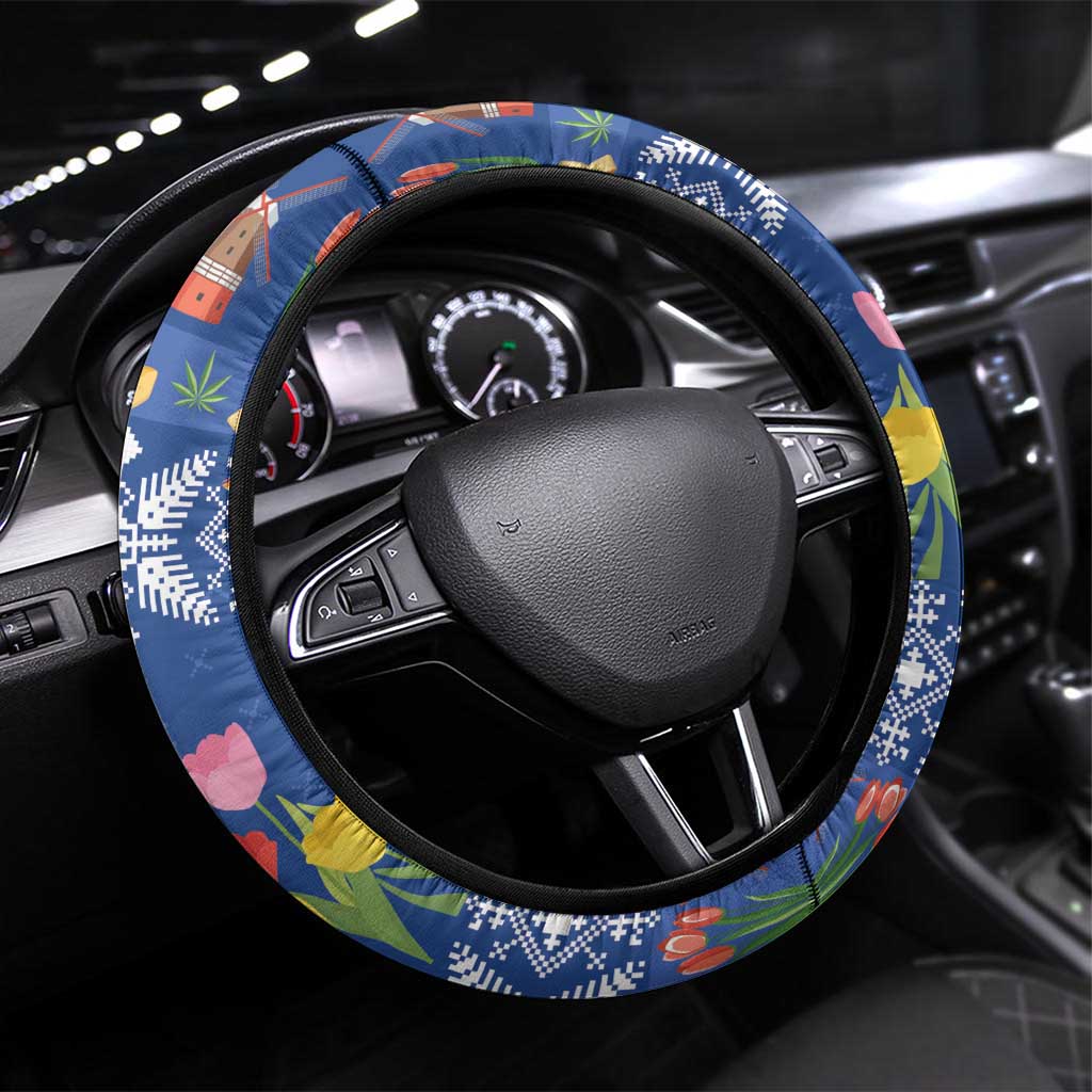 Netherlands Christmas Steering Wheel Cover Windmills With Tulip Flowers