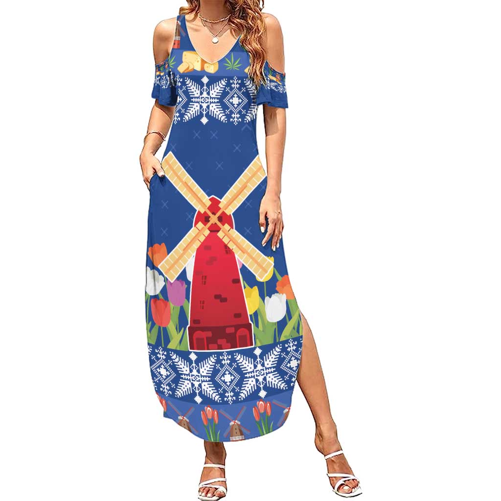 Netherlands Christmas Summer Maxi Dress Windmills With Tulip Flowers