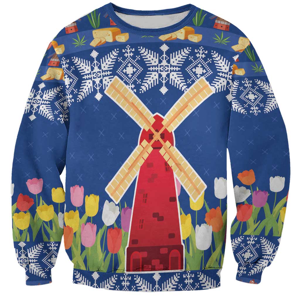 Blue Christmas sweatshirt with windmill and tulip flower print, crew neck