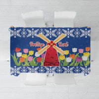 Blue Dutch Christmas tablecloth with windmills and tulip-flower pattern