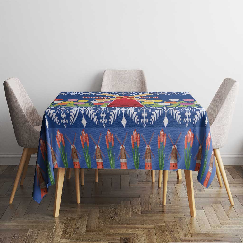 Blue rectangular tablecloth with tulip and windmill hut print for dining table