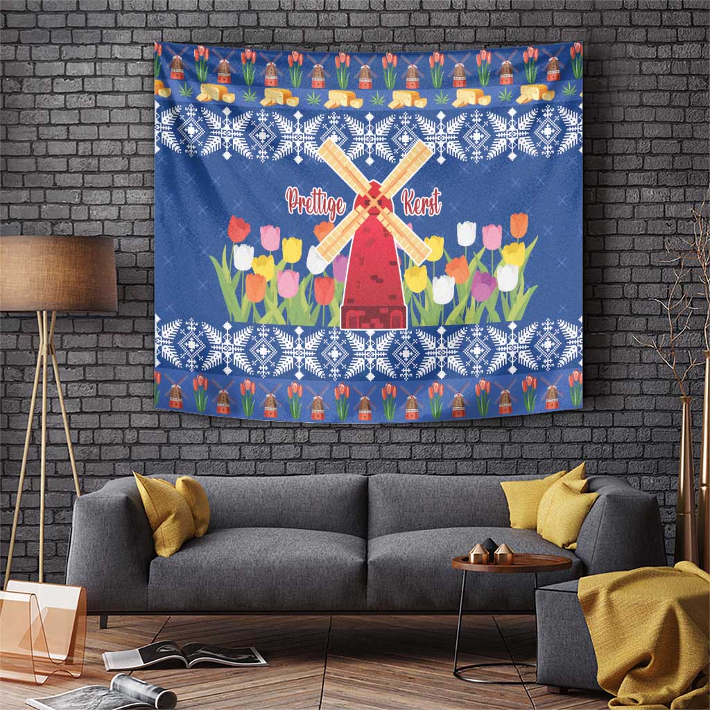 Blue Christmas tapestry with twin windmills and tulip flowers, decorative holiday border