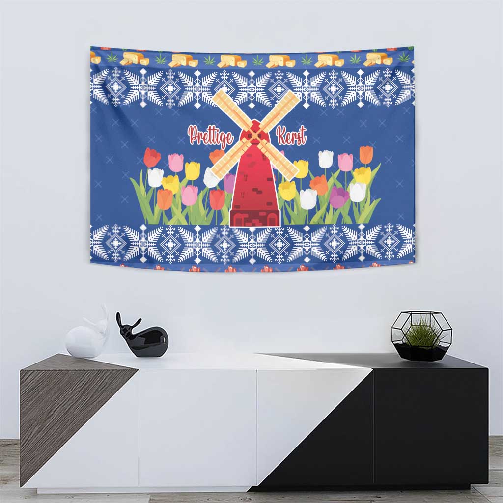 Blue Christmas tapestry with central windmill and tulip bouquet, framed by white motifs