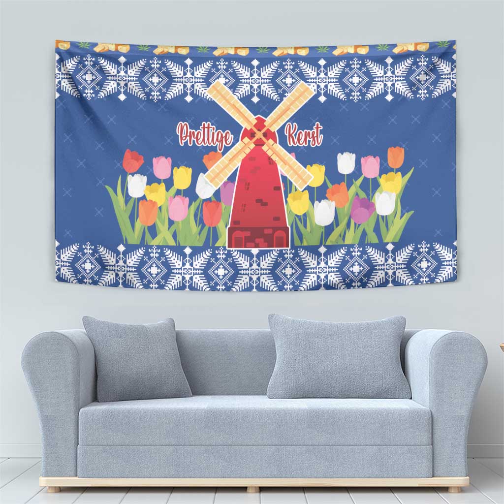 Blue Christmas tapestry featuring windmill, tulip flowers, and repeating white decorative bands