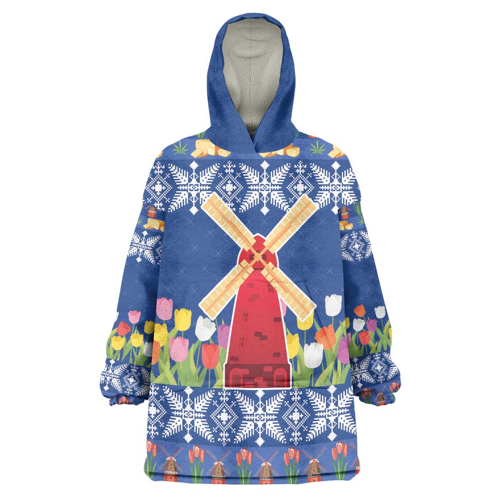 Netherlands Christmas Wearable Blanket Hoodie Windmills With Tulip Flowers