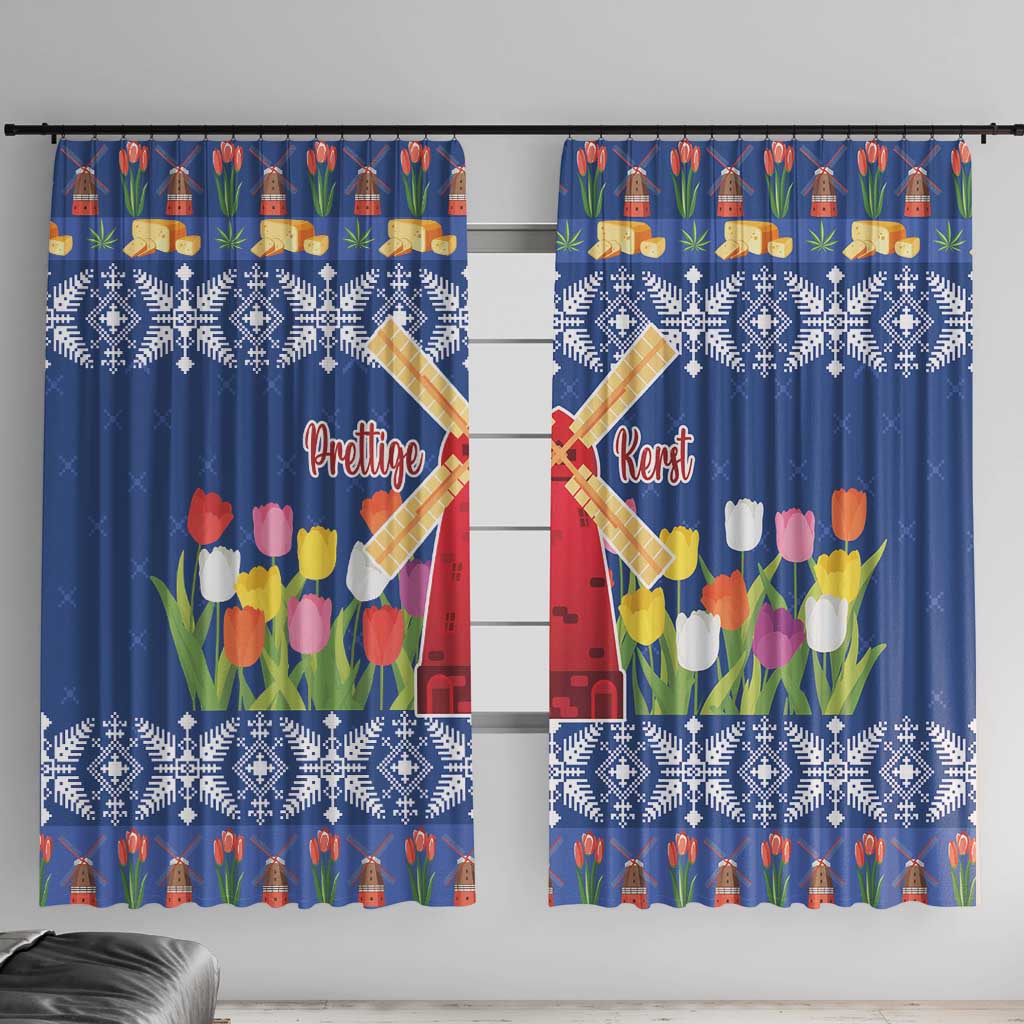 Netherlands Christmas Window Curtain Windmills With Tulip Flowers