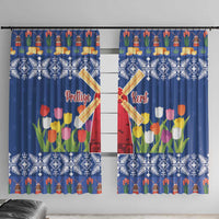 Blue Christmas window curtain panel with tulip flowers, windmill motif, and snowflake trim