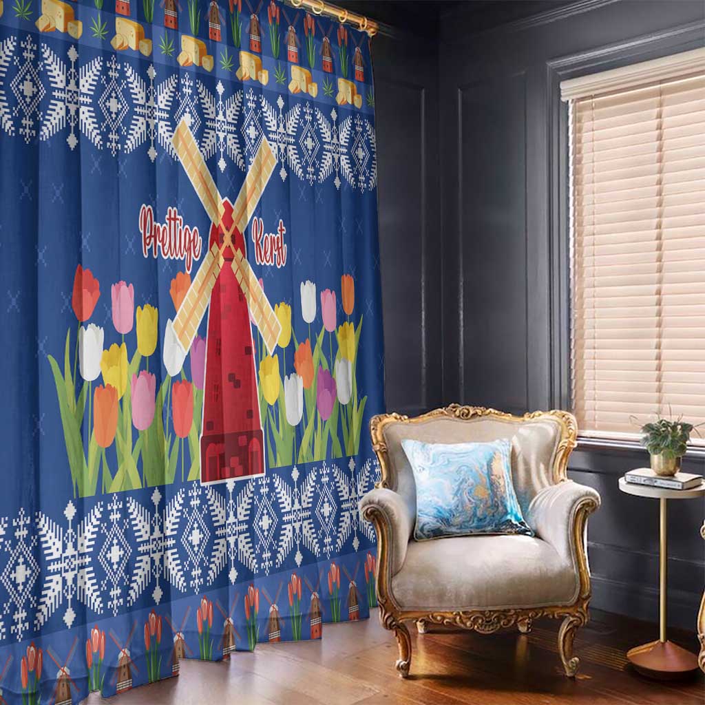 Blue Christmas window curtain set with tulip flowers, windmills, and white snowflake pattern