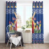 Blue Christmas curtain panels with tulip flowers and windmill house motif