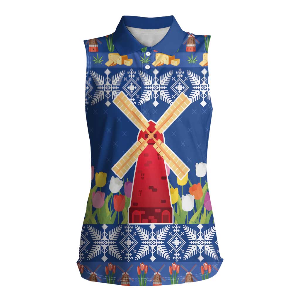 Netherlands Christmas Women Sleeveless Polo Shirt Windmills With Tulip Flowers