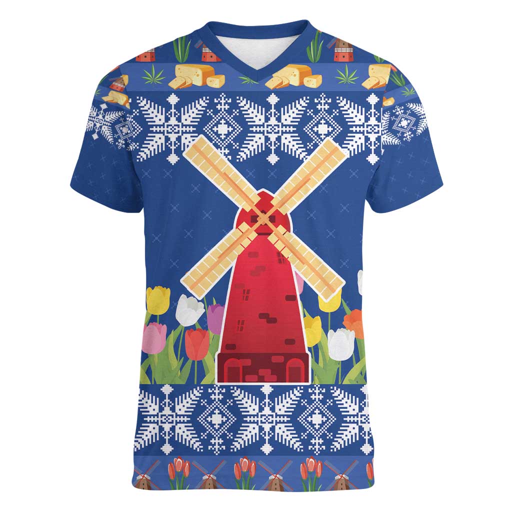 Netherlands Christmas Women V-Neck T-Shirt Windmills With Tulip Flowers