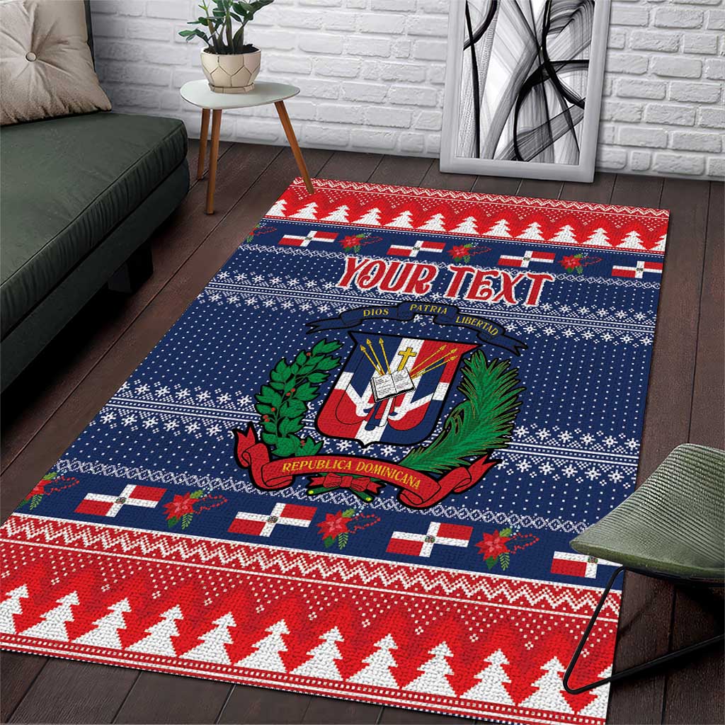 Personalized Christmas area rug with blue, red, and white crest and Your Text
