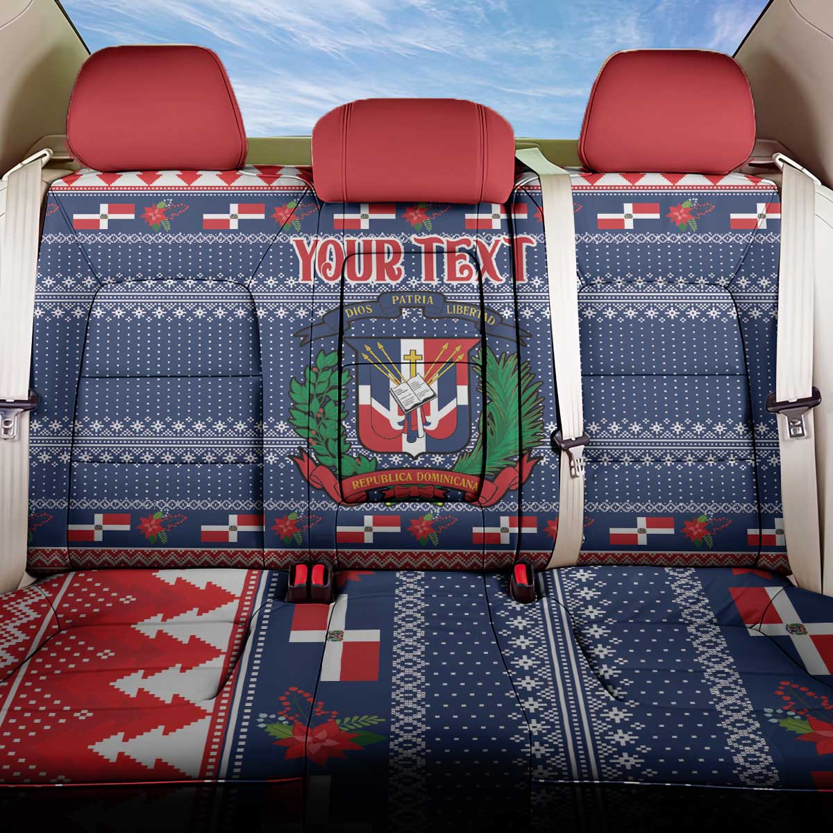 Personalized Dominican Republic Christmas Back Car Seat Cover Dominicana Coat Of Arms Christmas Pattern