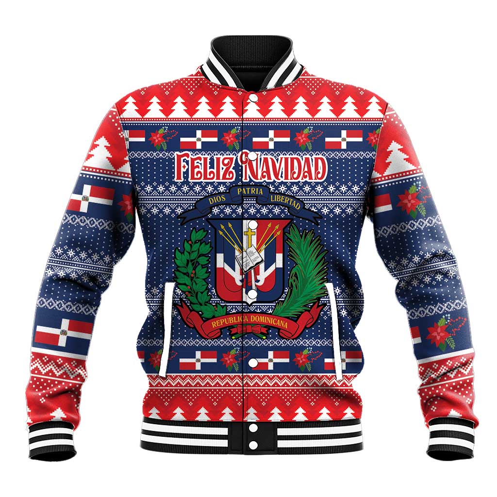 Blue and red Christmas baseball jacket with Dominican crest, Feliz Navidad, stripe cuffs