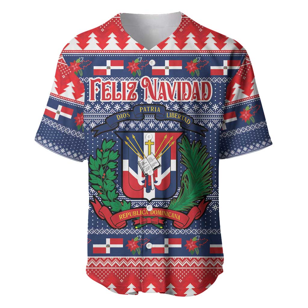 Red and blue personalized Dominican Republic Christmas baseball jersey with coat of arms